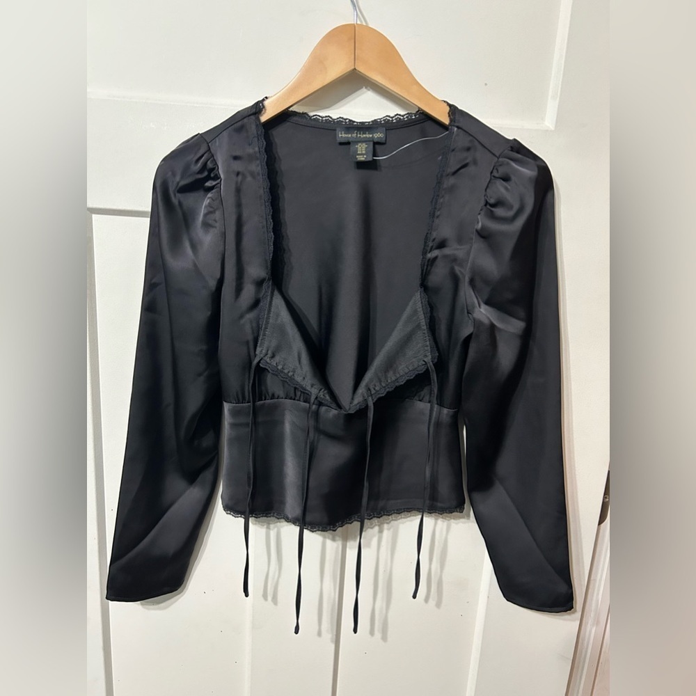 House of Harlow 1960 Black Satin Tie close Blouse and Long Skirt lace trim set - Picture 3 of 8